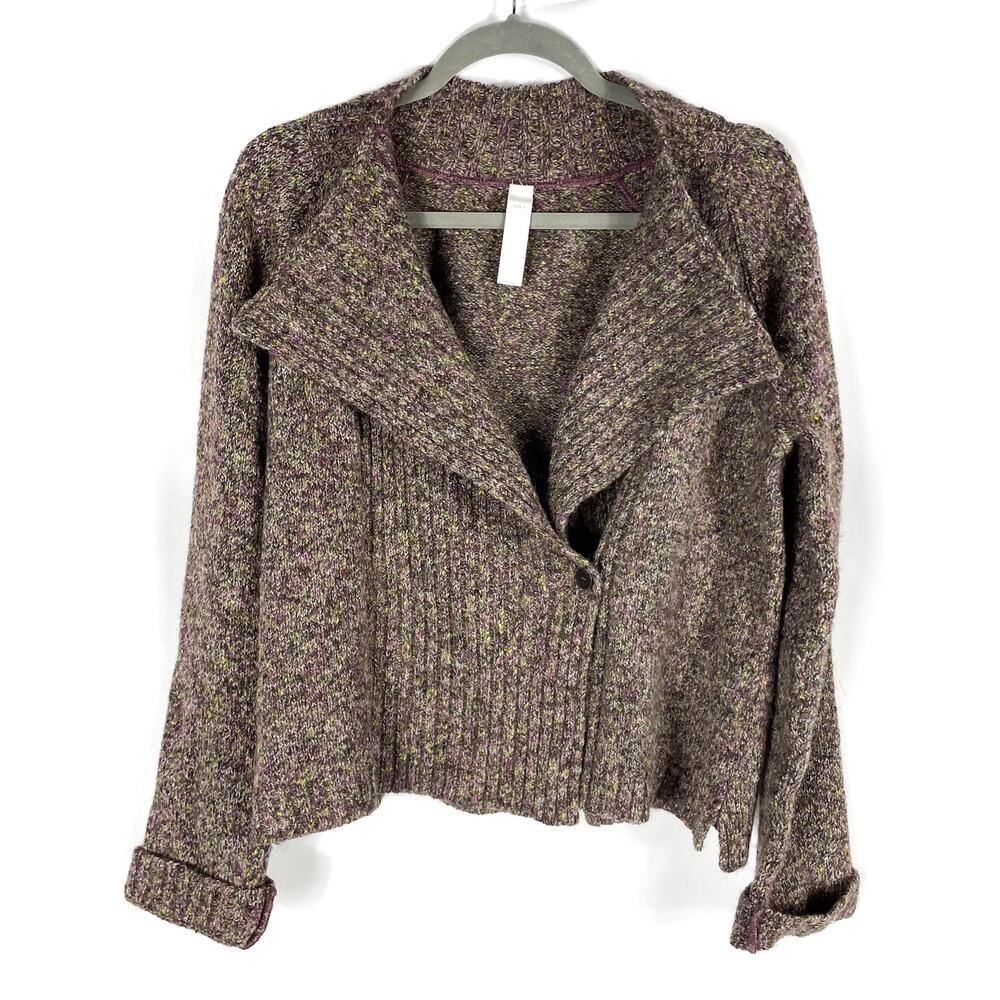 Ischiko Cardigan Sweater Brown Wool Heathered Button Front‎ Ribbed Sz 8 / 10 US